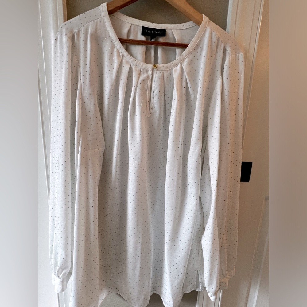 Lane Bryant 24W Plus White long sleeve blouse, gold metallic dots